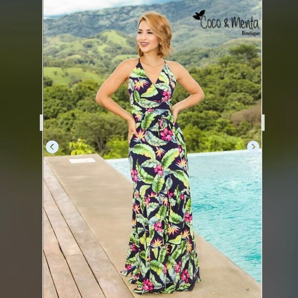 Tropical sleevless maxi dress criss cross straps size medium - Picture 14 of 15